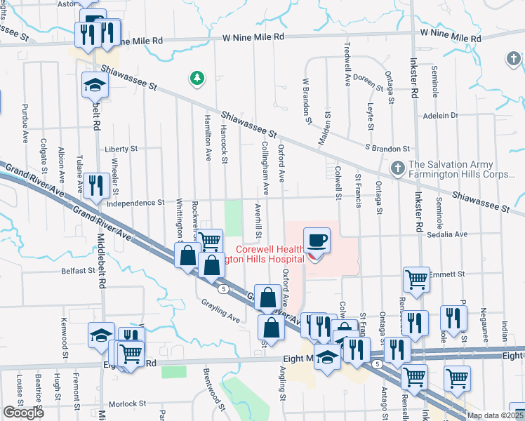 map of restaurants, bars, coffee shops, grocery stores, and more near 21431 Collingham Avenue in Farmington Hills