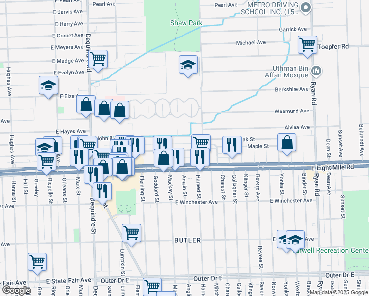 map of restaurants, bars, coffee shops, grocery stores, and more near 2685 Emmons Avenue in Warren