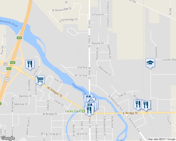 map of restaurants, bars, coffee shops, grocery stores, and more near 517 North Main Street in Plainwell