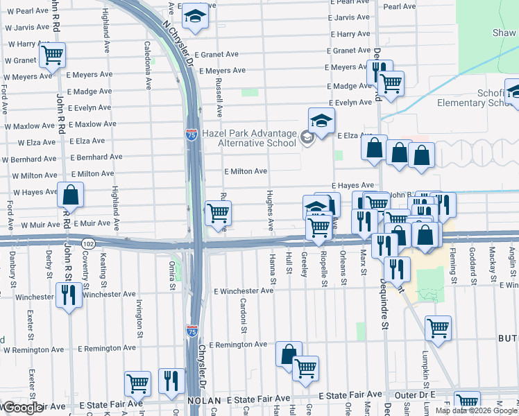 map of restaurants, bars, coffee shops, grocery stores, and more near 1306 East George Avenue in Hazel Park