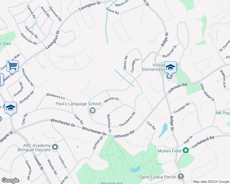 map of restaurants, bars, coffee shops, grocery stores, and more near 32 Thornberry Road in Winchester