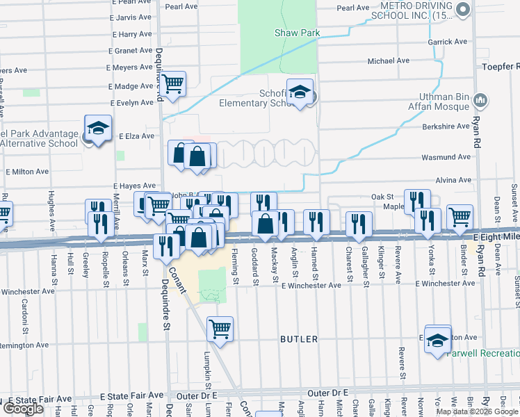 map of restaurants, bars, coffee shops, grocery stores, and more near 2399 Emmons Avenue in Warren