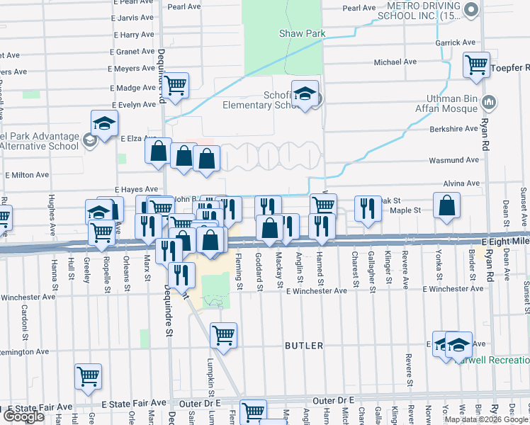 map of restaurants, bars, coffee shops, grocery stores, and more near 2399 Emmons Avenue in Warren