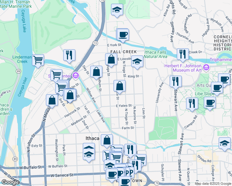 map of restaurants, bars, coffee shops, grocery stores, and more near 402 Utica Street in Ithaca