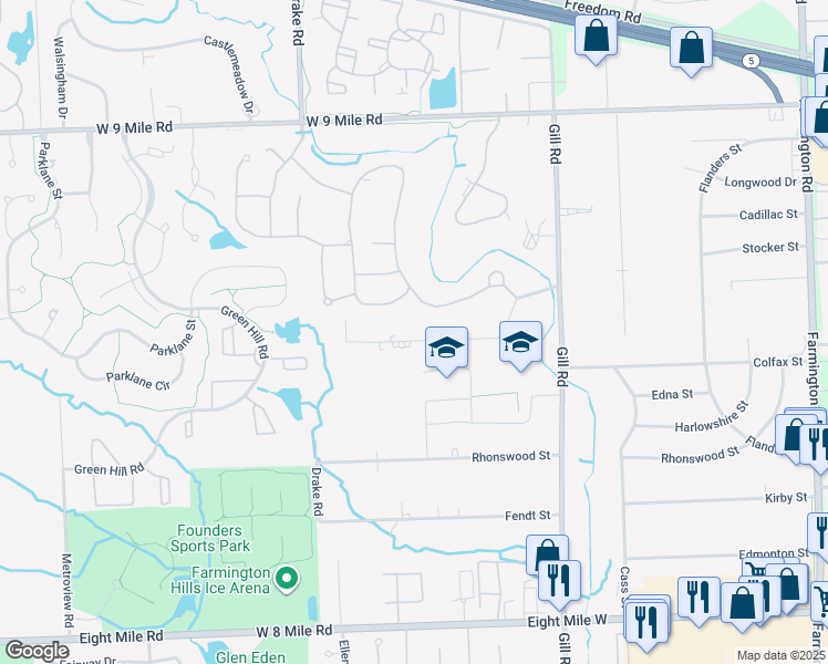 map of restaurants, bars, coffee shops, grocery stores, and more near 34820 Bridgeman Street in Farmington Hills