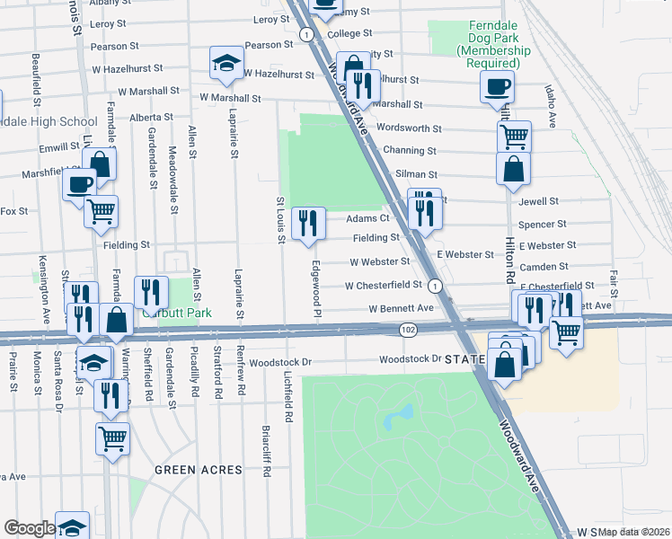 map of restaurants, bars, coffee shops, grocery stores, and more near 387 West Webster Street in Ferndale
