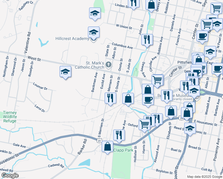 map of restaurants, bars, coffee shops, grocery stores, and more near 45 Merriam St in Pittsfield