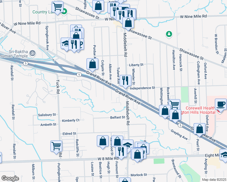 map of restaurants, bars, coffee shops, grocery stores, and more near 29565 Grand River Avenue in Farmington Hills