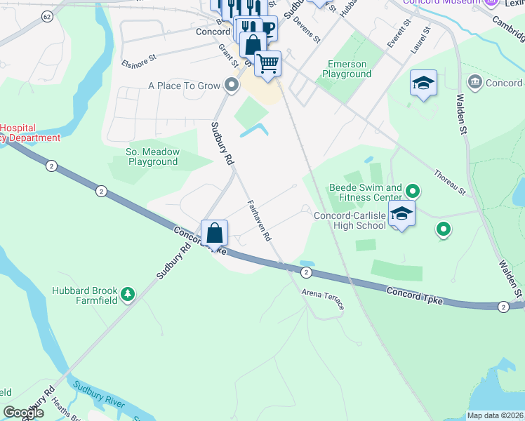 map of restaurants, bars, coffee shops, grocery stores, and more near 8 Bruce Road in Concord