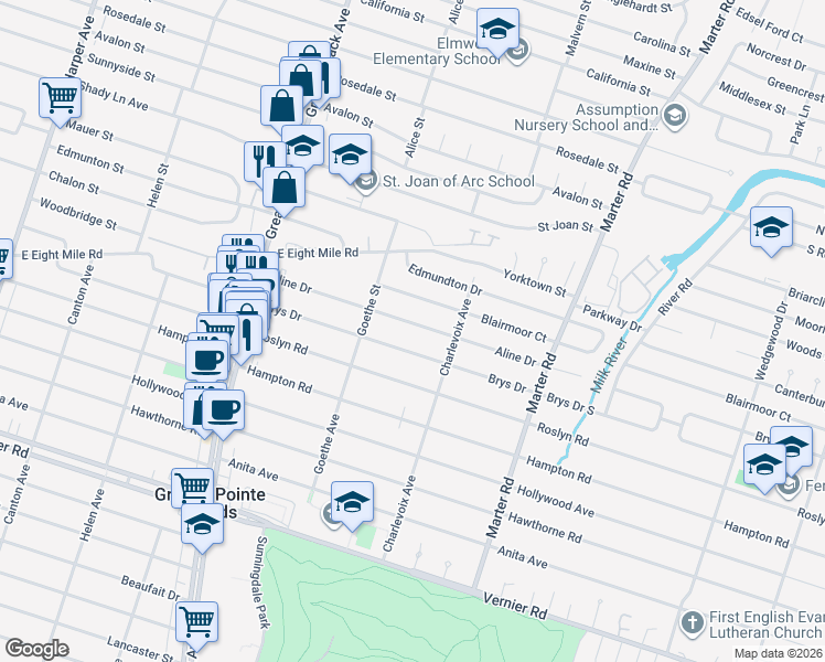 map of restaurants, bars, coffee shops, grocery stores, and more near 1575 Aline Drive in Grosse Pointe Woods