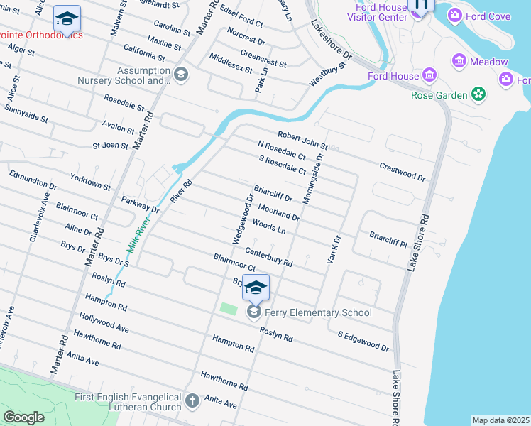 map of restaurants, bars, coffee shops, grocery stores, and more near 804 Woods Lane in Grosse Pointe Woods