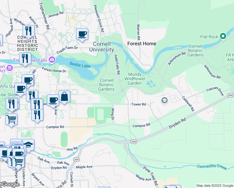map of restaurants, bars, coffee shops, grocery stores, and more near Plantations Road in Ithaca