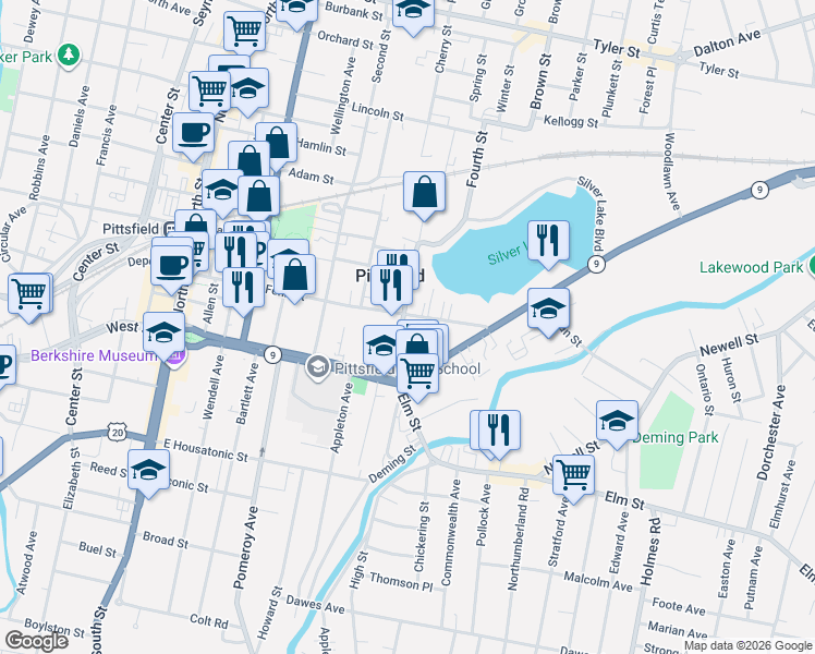 map of restaurants, bars, coffee shops, grocery stores, and more near 33 Fourth Street in Pittsfield