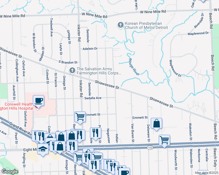 map of restaurants, bars, coffee shops, grocery stores, and more near 27057 Shiawassee Street in Southfield