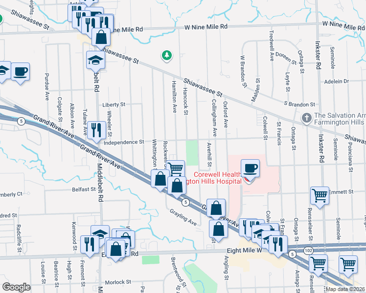 map of restaurants, bars, coffee shops, grocery stores, and more near 21418 Hamilton Avenue in Farmington Hills