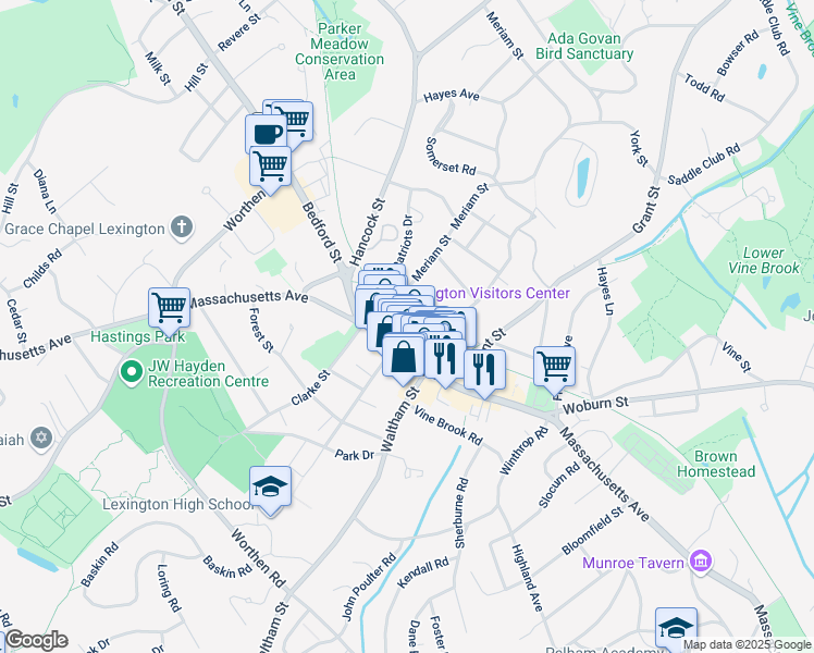 map of restaurants, bars, coffee shops, grocery stores, and more near 13 Depot Square in Lexington
