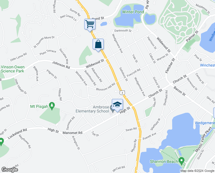map of restaurants, bars, coffee shops, grocery stores, and more near 7 Blossom Hill Road in Winchester