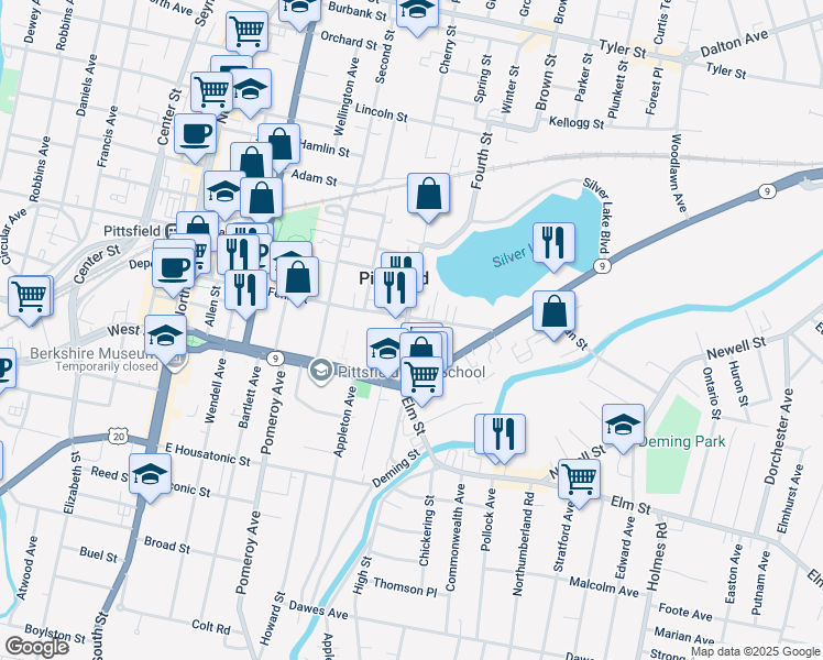 map of restaurants, bars, coffee shops, grocery stores, and more near 33 Fourth Street in Pittsfield