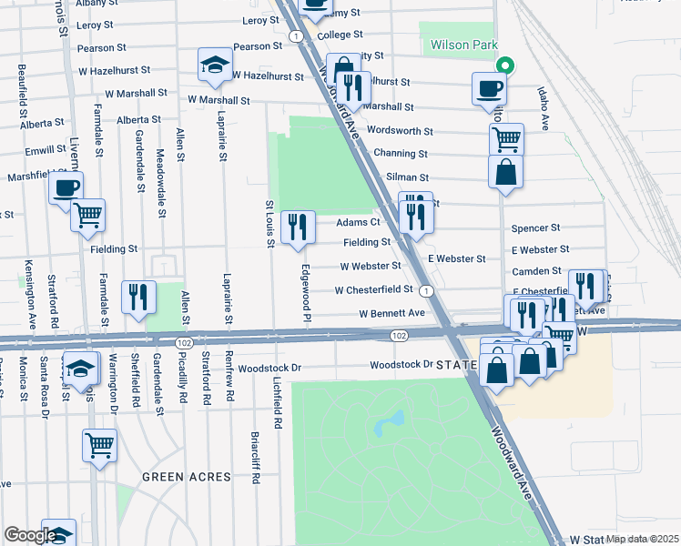 map of restaurants, bars, coffee shops, grocery stores, and more near 305 West Webster Street in Ferndale