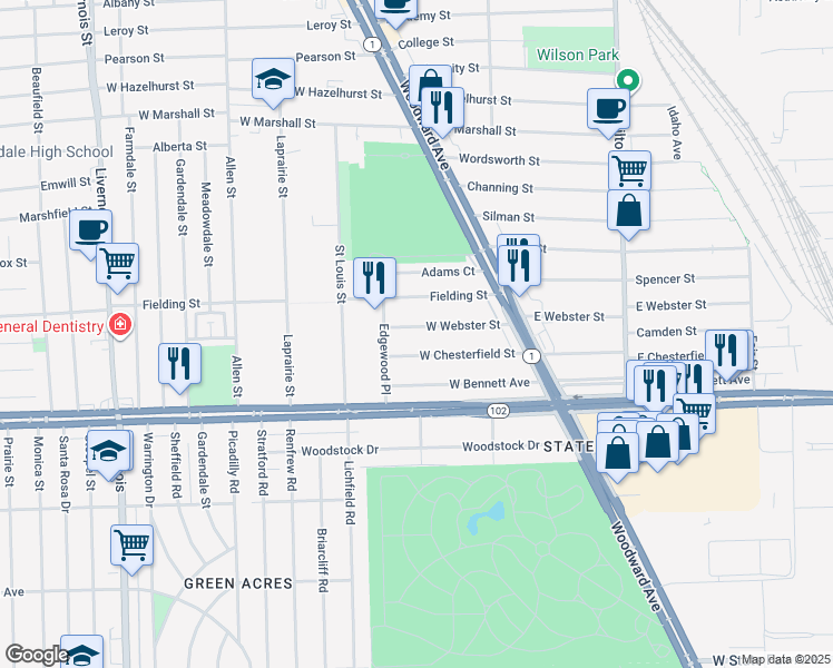 map of restaurants, bars, coffee shops, grocery stores, and more near 305 West Webster Street in Ferndale