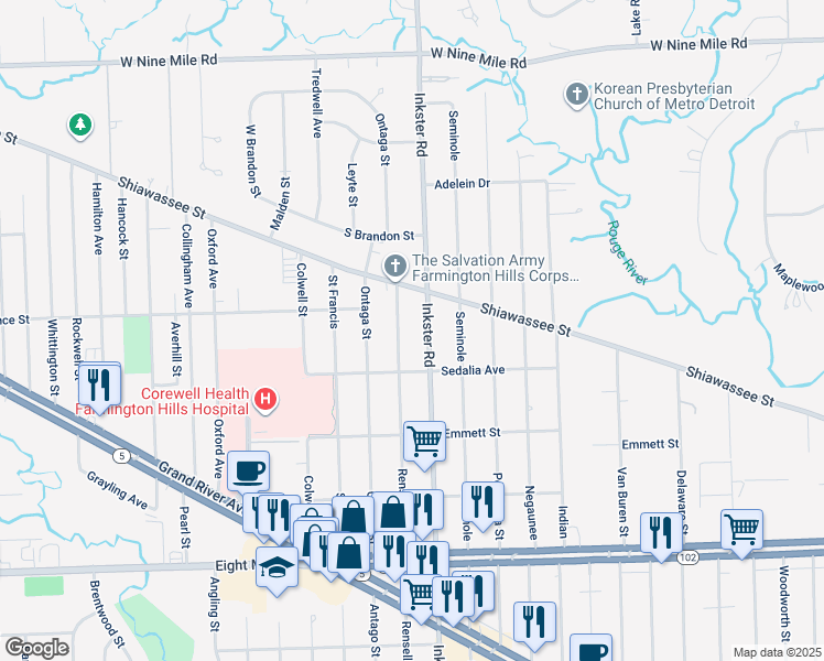 map of restaurants, bars, coffee shops, grocery stores, and more near 21395 Inkster Road in Farmington Hills