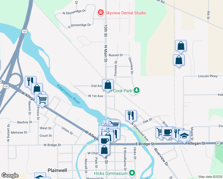 map of restaurants, bars, coffee shops, grocery stores, and more near 539 Thomas Street in Plainwell