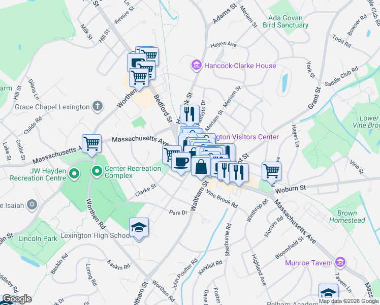 map of restaurants, bars, coffee shops, grocery stores, and more near 1853 Massachusetts Ave in Lexington