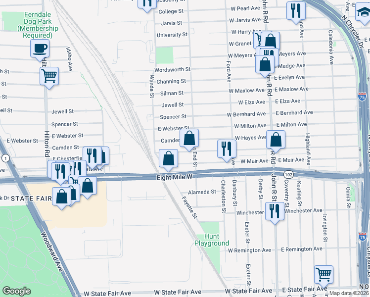 map of restaurants, bars, coffee shops, grocery stores, and more near 1461 East Chesterfield Street in Ferndale