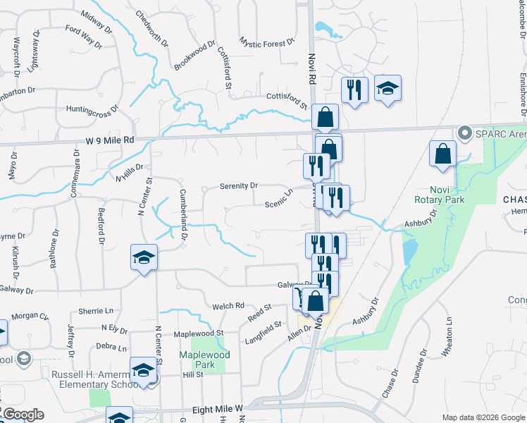 map of restaurants, bars, coffee shops, grocery stores, and more near 43467 Scenic Lane in Northville