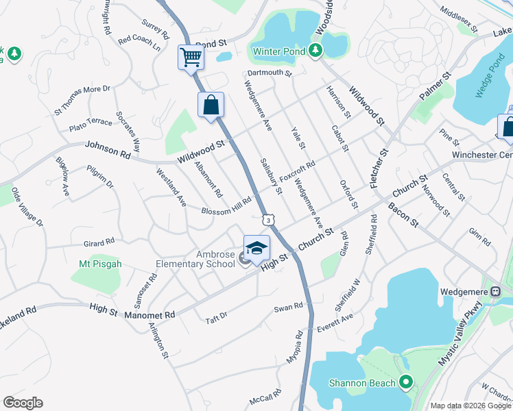 map of restaurants, bars, coffee shops, grocery stores, and more near 134 Cambridge Street in Winchester