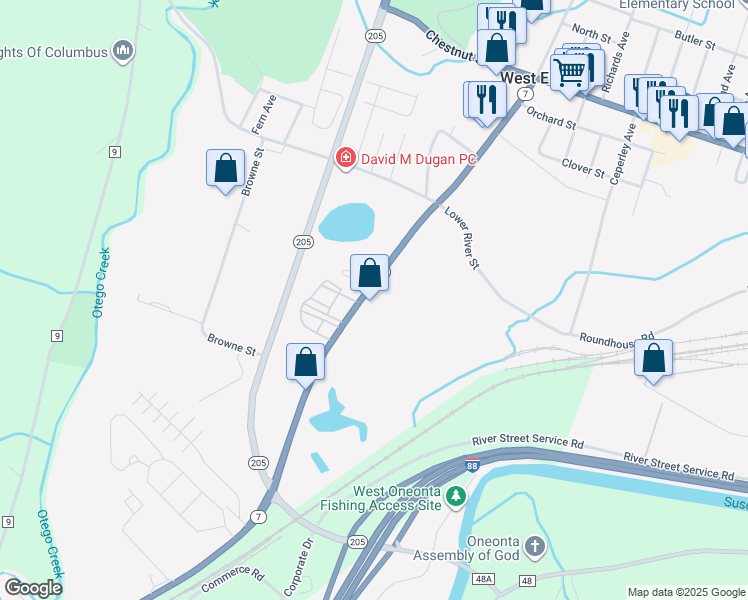 map of restaurants, bars, coffee shops, grocery stores, and more near 105 Oneida Street in Oneonta