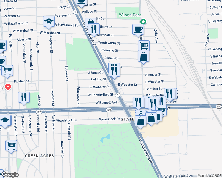 map of restaurants, bars, coffee shops, grocery stores, and more near 21355 Woodward Avenue in Ferndale
