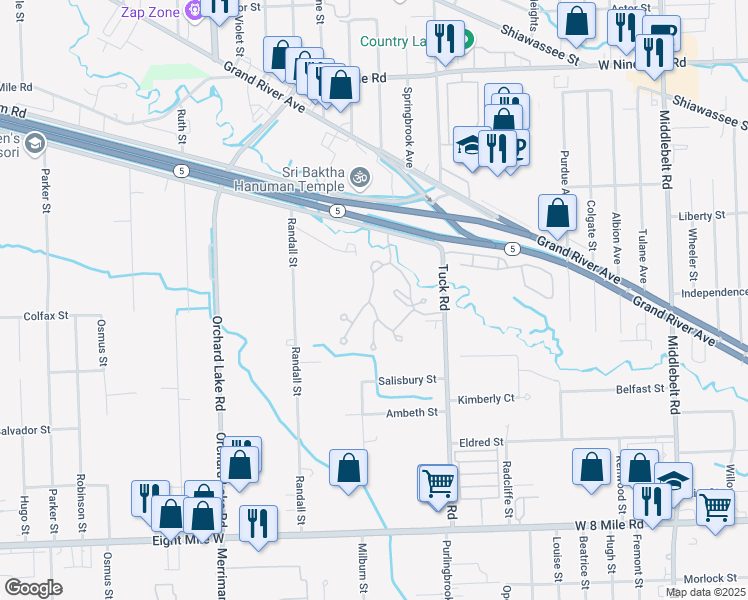 map of restaurants, bars, coffee shops, grocery stores, and more near 21450 Archwood Circle in Farmington Hills