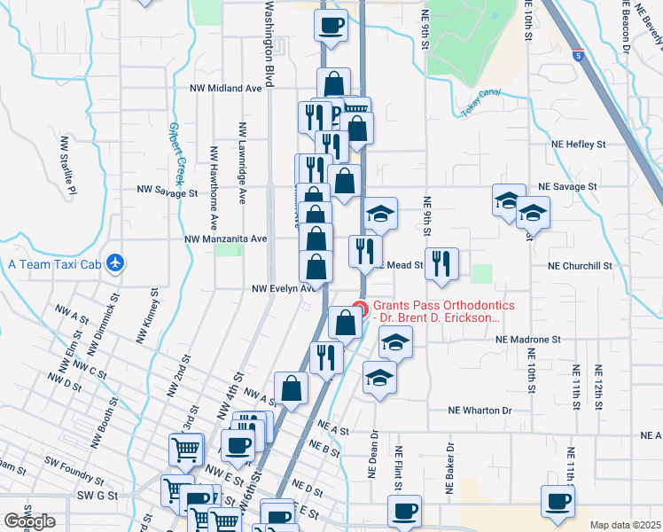 map of restaurants, bars, coffee shops, grocery stores, and more near 1021 Northeast 6th Street in Grants Pass