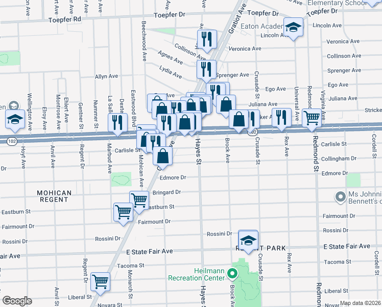 map of restaurants, bars, coffee shops, grocery stores, and more near 15018 Carlisle Street in Detroit