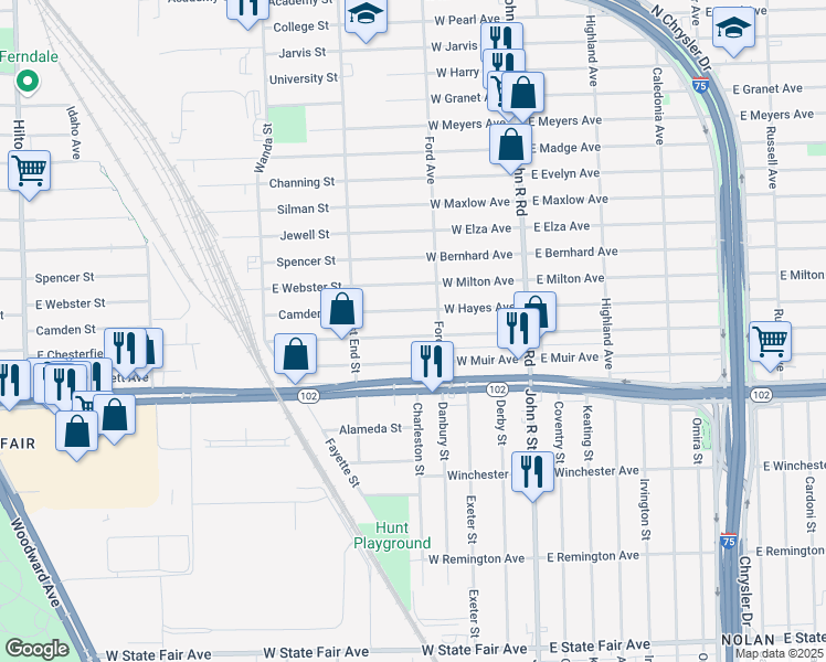 map of restaurants, bars, coffee shops, grocery stores, and more near 346 West George Avenue in Hazel Park
