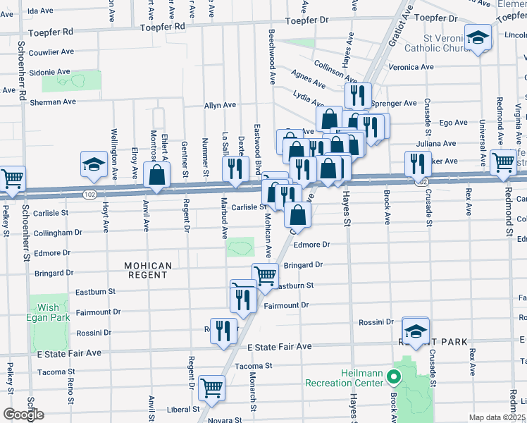 map of restaurants, bars, coffee shops, grocery stores, and more near 14720 Carlisle Street in Detroit