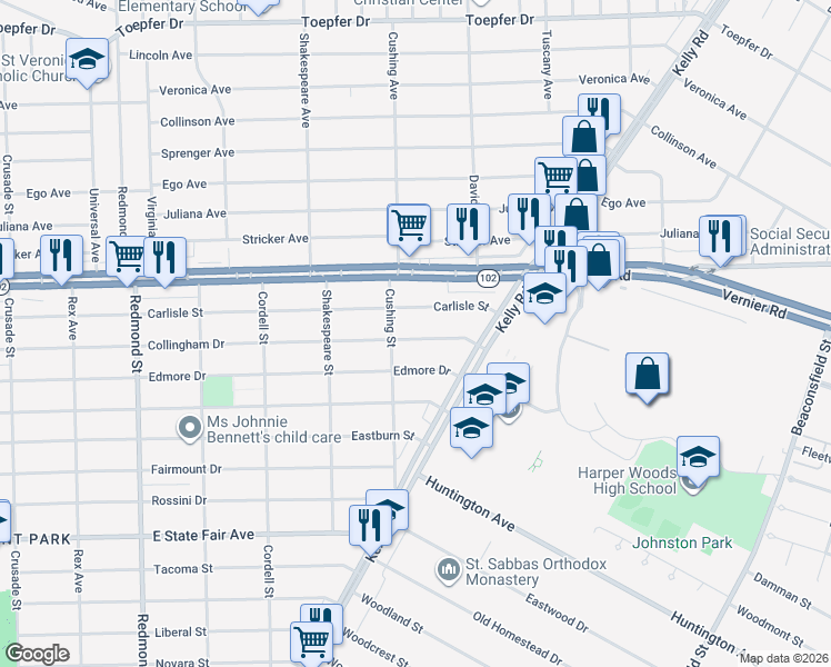 map of restaurants, bars, coffee shops, grocery stores, and more near 16845 Collingham Drive in Detroit