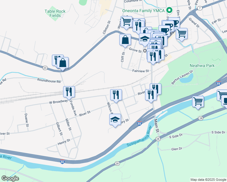 map of restaurants, bars, coffee shops, grocery stores, and more near 20 Baker Street in Oneonta
