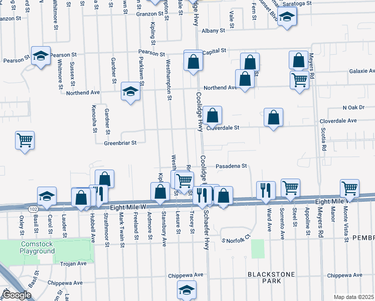 map of restaurants, bars, coffee shops, grocery stores, and more near 21160 Ridgedale Street in Oak Park