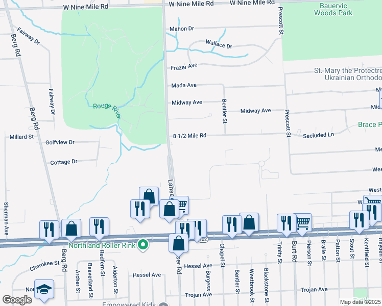 map of restaurants, bars, coffee shops, grocery stores, and more near 21210 Lahser Road in Southfield