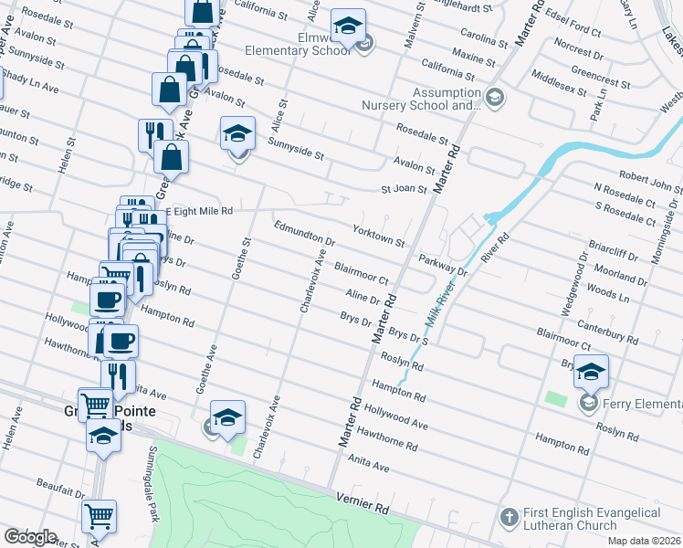 map of restaurants, bars, coffee shops, grocery stores, and more near 1413 Blairmoor Court in Grosse Pointe Woods