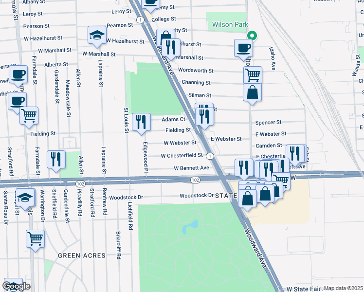 map of restaurants, bars, coffee shops, grocery stores, and more near 231 West Webster Street in Ferndale