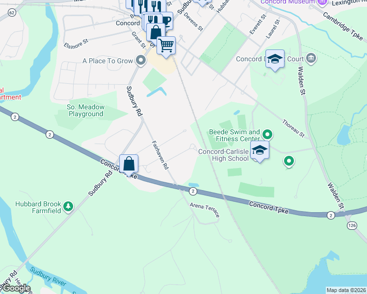 map of restaurants, bars, coffee shops, grocery stores, and more near 72 Adin Drive in Concord