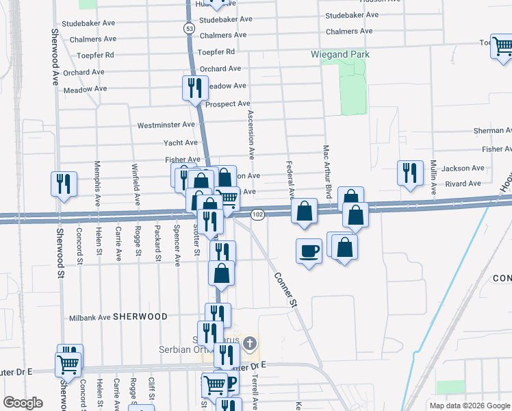 map of restaurants, bars, coffee shops, grocery stores, and more near 8205 Michigan 102 in Warren