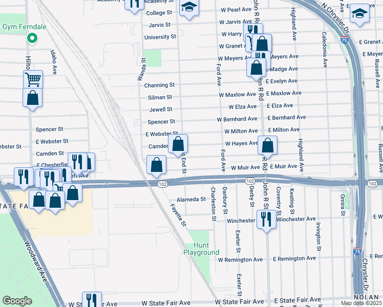 map of restaurants, bars, coffee shops, grocery stores, and more near 440 West George Avenue in Hazel Park