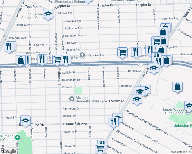 map of restaurants, bars, coffee shops, grocery stores, and more near 16453 Collingham Dr in Detroit