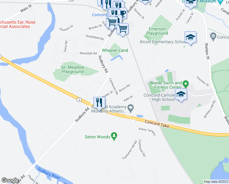 map of restaurants, bars, coffee shops, grocery stores, and more near 66 Fairhaven Road in Concord