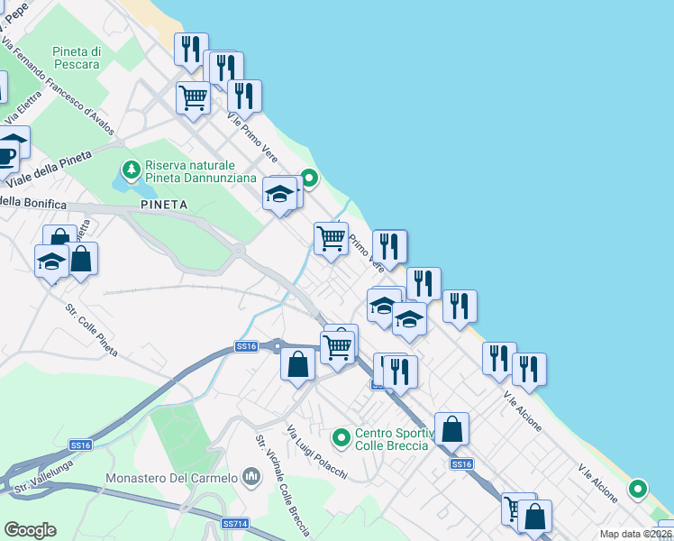 map of restaurants, bars, coffee shops, grocery stores, and more near 14 Piazza Alcyone in Pescara