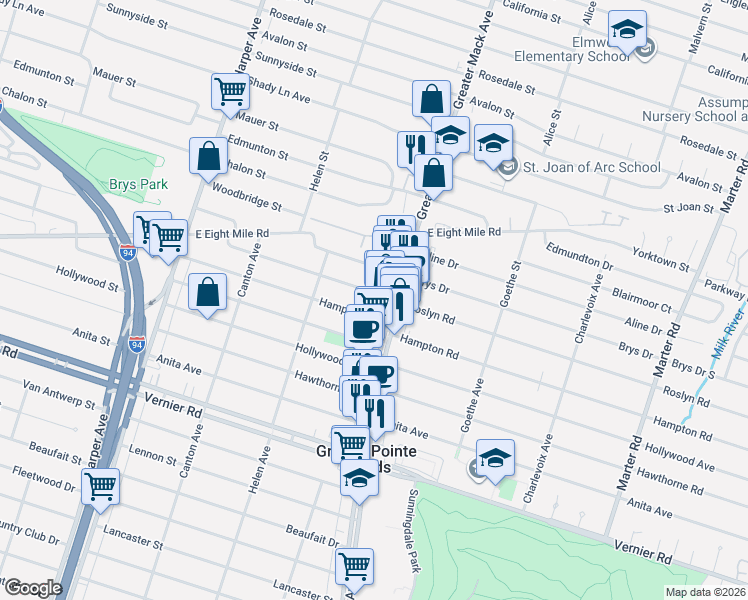map of restaurants, bars, coffee shops, grocery stores, and more near 1961 Roslyn Road in Grosse Pointe Woods